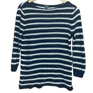 CHAPS 3/4 Sleeve Cotton/Linen Blue and White Stripe Knit Top Size Medium